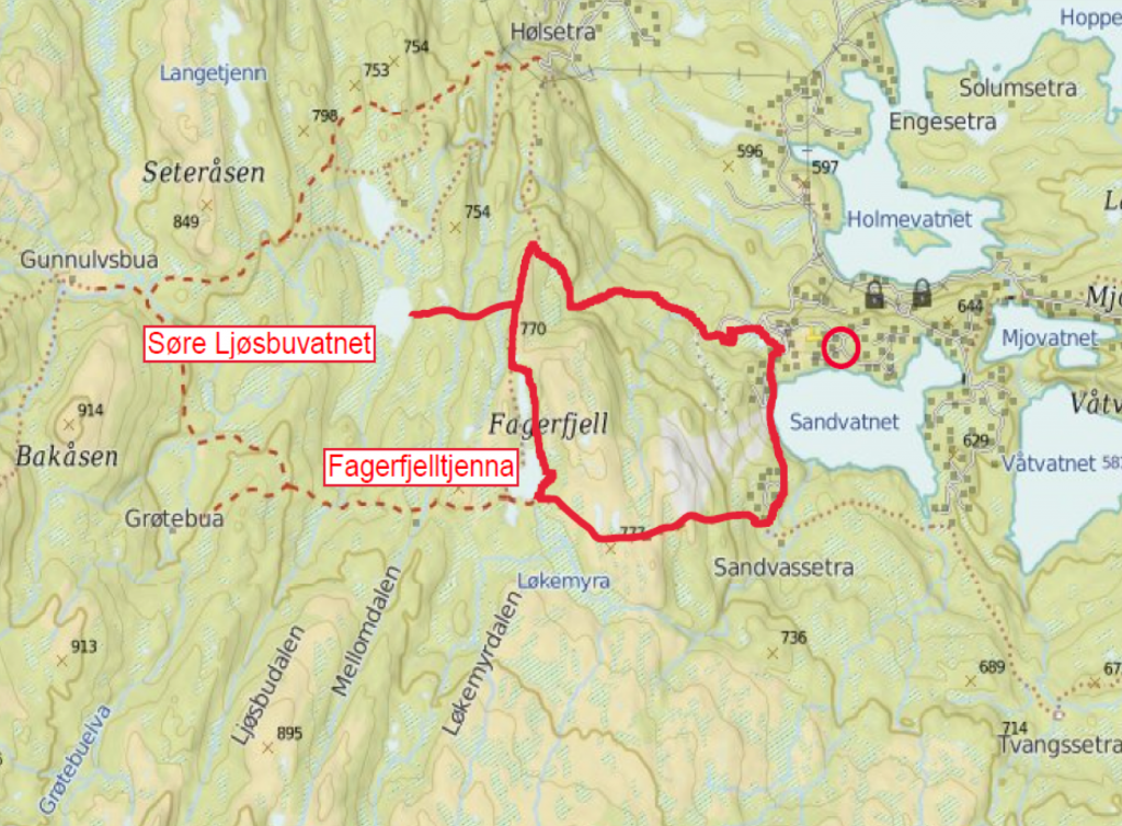 Fagerfjell rundt. En fin rundtur kan starte ved å gå gjennom Høimyr Fjellcamping opp til pumpehuset og følge merket sti opp rundt Fagerfjell Aksla til Fagerfjelltjenna. En avstikker oppom Søre Ljøsbuvatnet er også en fin tur. Ved Fagerfjelltjenna er det satt opp gapahuk og rastebenk. Fortsett så ned til heistoppen, parkeringen ved Sandvassetra og følg veien ned til Skisenteret og Fjellcampingen. I vannene er det fint å fiske. Husk fiskekort som kan kjøpes blandt annet på Fagerfjellstua og i bommen nede ved hovedveien. Stien er godt merket hele veien. Ca. 6Km.