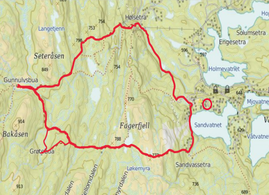 Runden Gunnulvsbua – Hølsetra. Stien forbi Fagerfjelltjenna til Gunnulvsbua og videre ned til Hølsetra er en godt merket sti. Fra Hølsetra til Fjellcampingen må man følge skiløypa. Noe myrer men grei å følge. En avstikker til Grøtbua er mulig. Stien til Grøtbua er merket. Fra Grøtbua kan man følge bekken til man møter stien igjen. Lengde ca. 11Km.